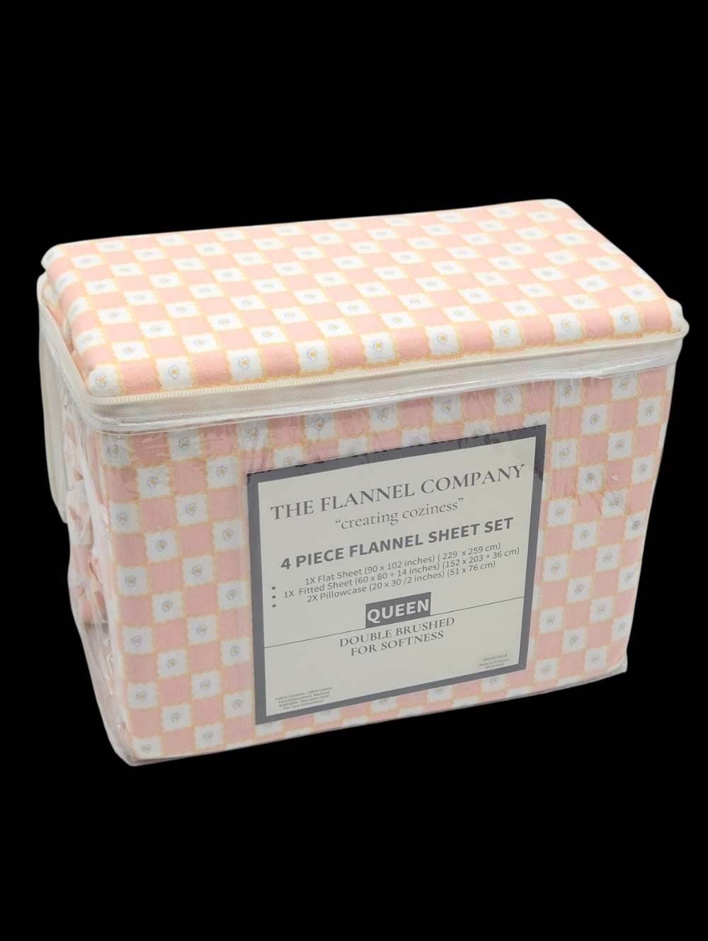 Queen Size Winter Cozy Cotton Flannel Sheet‎ Set 4pc Floral Checks Ivory Peach